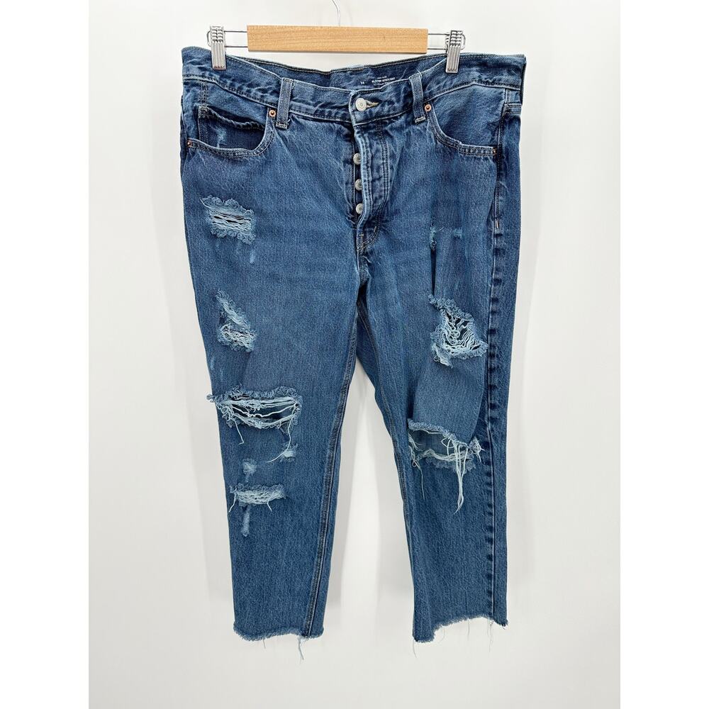 Old Navy Womens High‎ Rise Slouchy Straight Jeans 14 Blue Distressed Button Fly